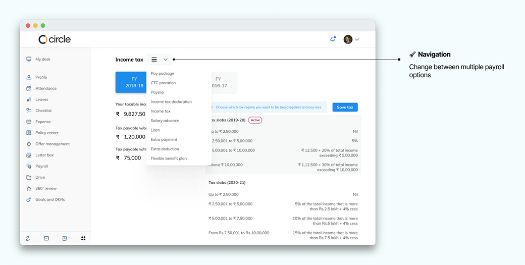 Employee payroll page navigation, concept design